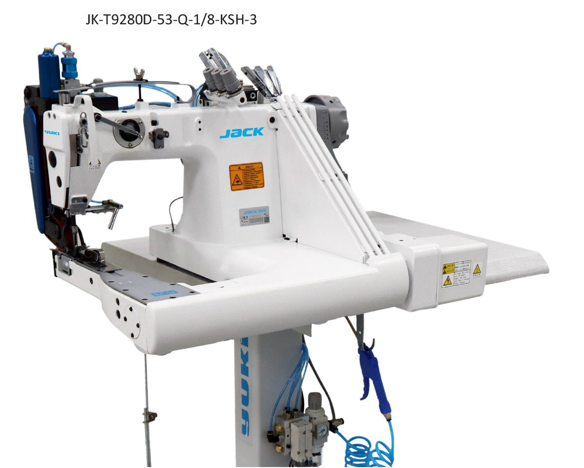 Jack JK-T9280D-53Q/KSH-3 3 İğne Zincir Dikiş Kollu Makinesi (3,2mm) Kot Palet Merdaneli