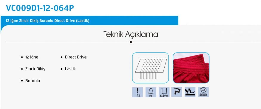 Yuki VC009D1-12-064P 12 İğne Zincir Dikiş Burunlu Direct Drive Lastik Makinası