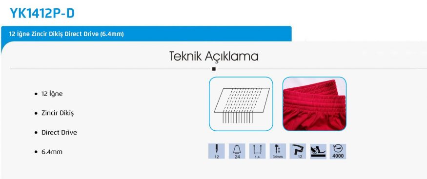 Yuki YK-1412P-D 12 İğne Zincir Dikiş Direct Drive (6.4mm)