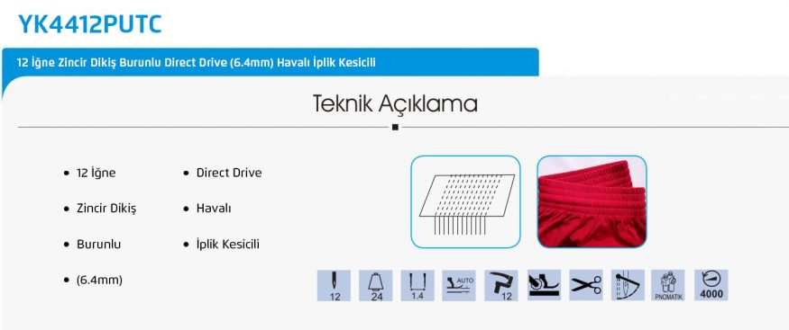 Yuki YK-44012P-UTC 12 İğne Zincir Dikiş Burunlu Direct Drive Havalı İplik Kesicili